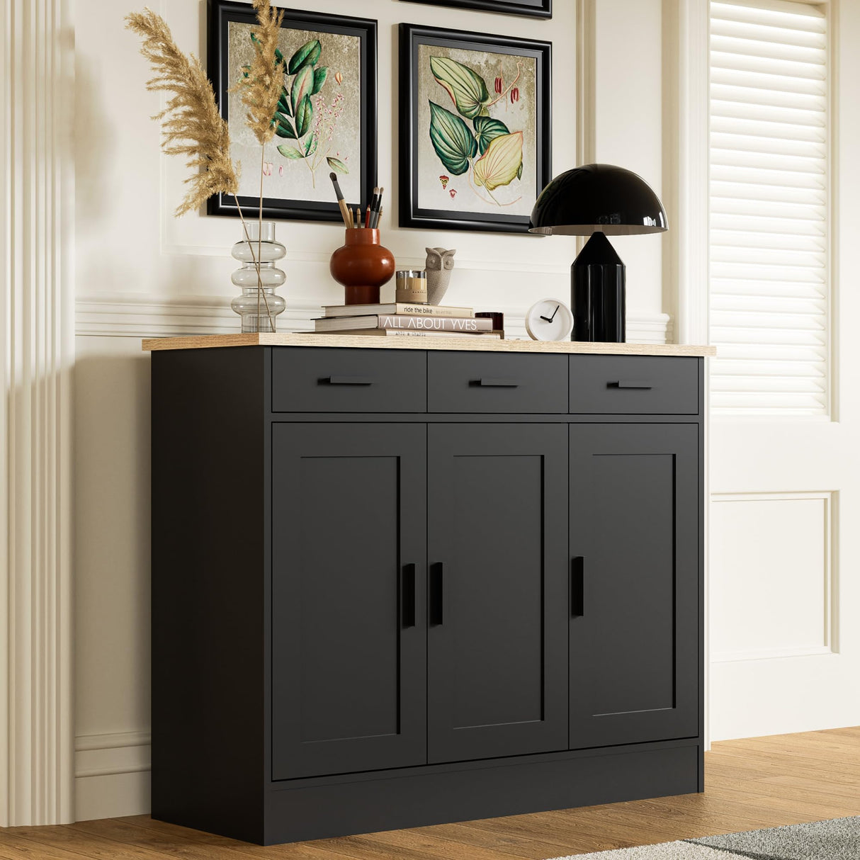 Anystyle 43.3" W Black Buffet Cabinet, Coffee Bar Cabinet with 3 Drawers & 3 Doors, Kitchen Buffet Sideboard for Living Room, Kitchen Anystyle