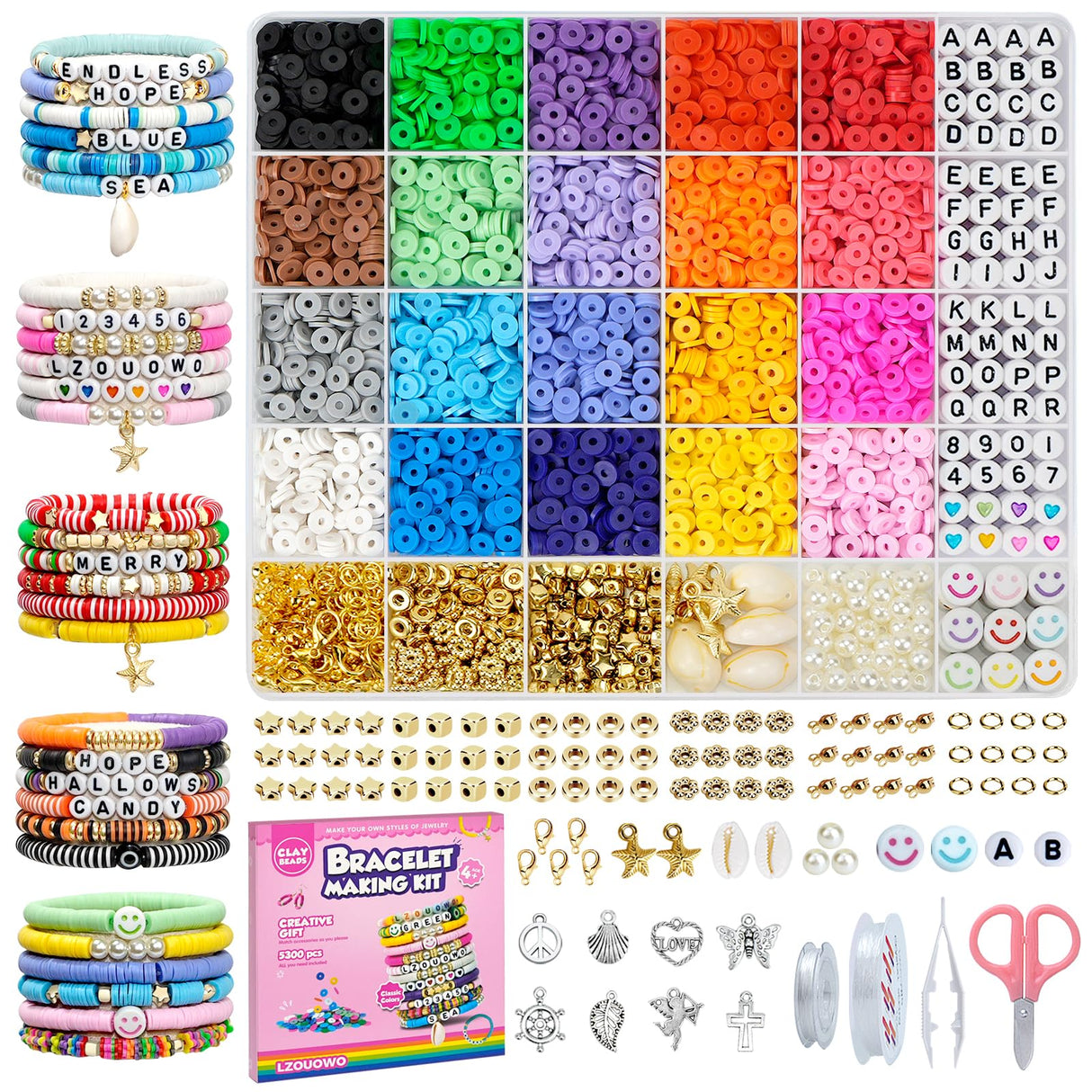 LZOUOWO 5300 Clay Beads Bracelet Making Aesthetic Kit, Polymer Heishi Preppy Letter Beads for Friendship Bracelet, Pearl Disc Beads Charms for Jewelry Making, DIY Creative Gift for Girls 8-12 Teens LZOUOWO