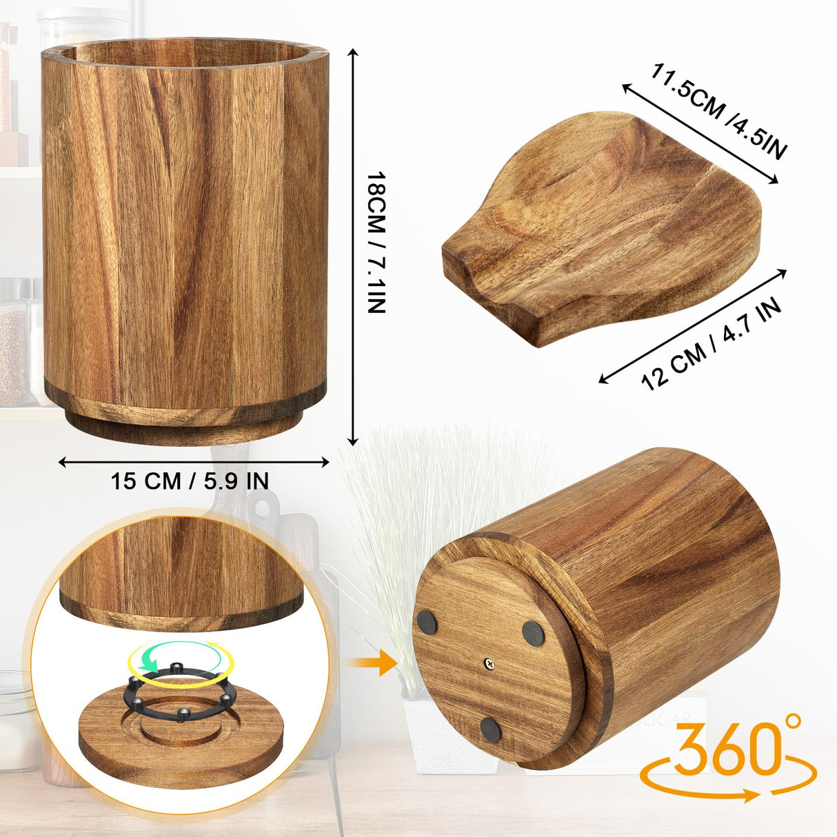 Wooden Utensil Holder for Kitchen Counter - 360° Rotating Acacia Cooking Utensil Holder & Large 7.2"x 6" Round Utensils Holder Organizer with Wood Spoon Holder for Countertop Farmhouse Kitchen Decor Mkway