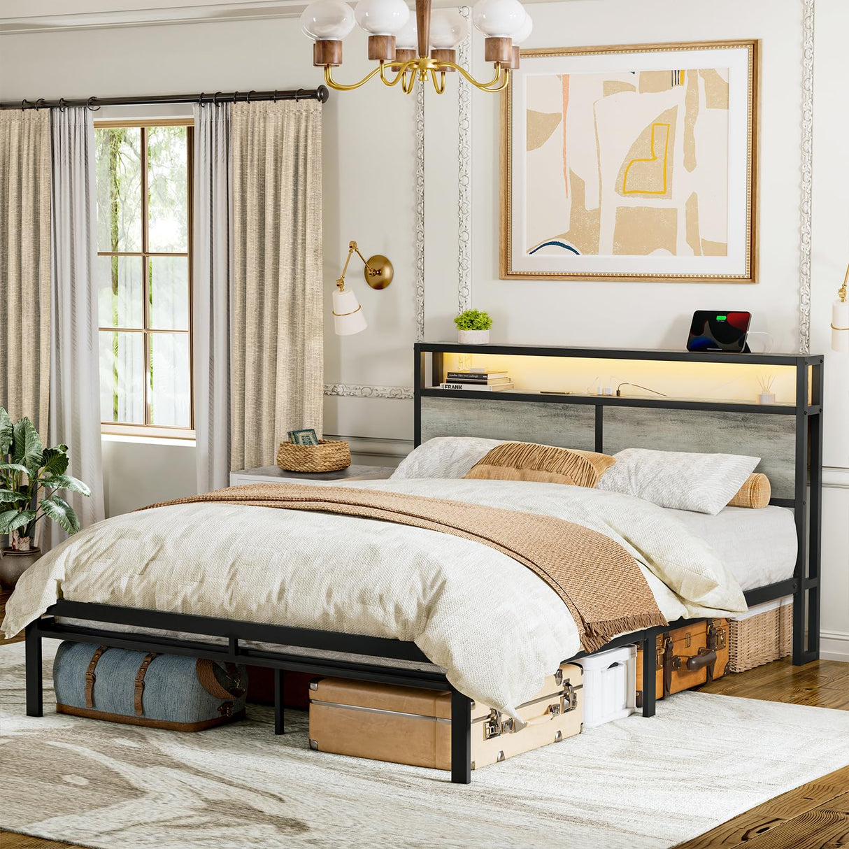 HAUSOURCE Full Bed Frame with Storage Headboard Metal Platform Bed with LED Lights, USB Ports Outlets, Non-Slip, Noise-Free, Strong Metal Slats Support No Box Spring Needed HAUSOURCE