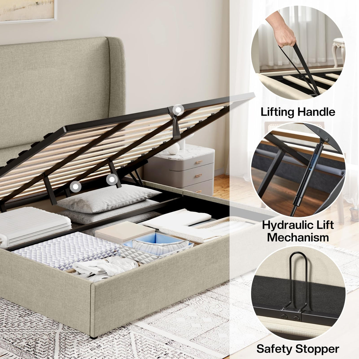 Jocisland King Size Bed Frame with Lift Storage Bed Linen Platform Bed with Wingback Headboard/Hydraulic Storage/No Box Spring Needed/Wood Slats Support/Khaki Jocisland