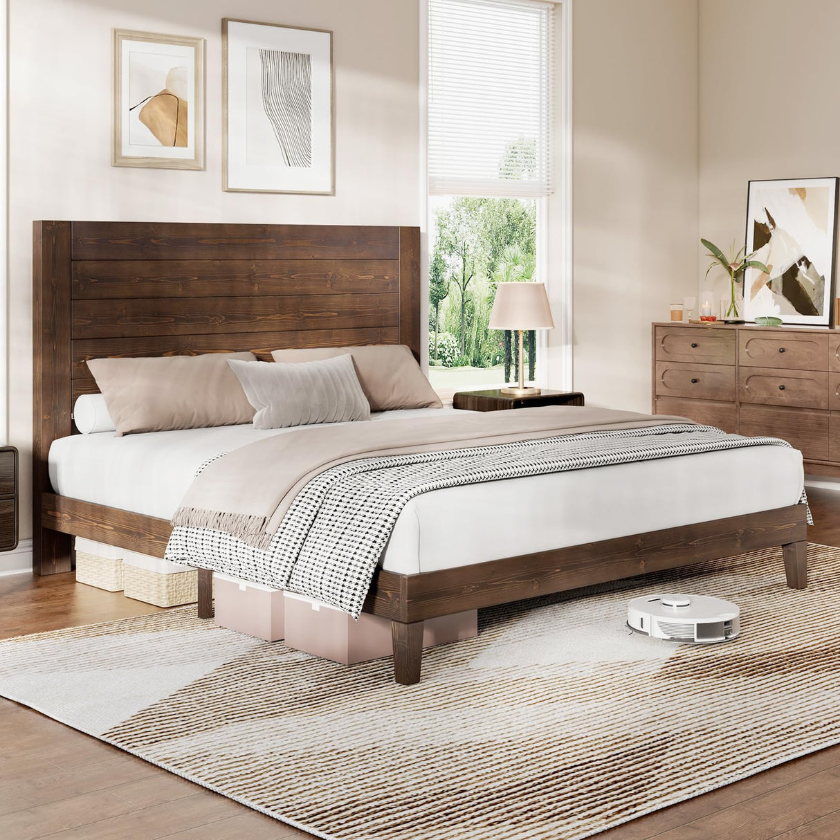 LUXOAK Solid Wood Bed Frame with High Headboard, Full Size Platform Bed Frame with Wood Slats/No Box Spring Needed/Noise-Free, Brown Black LUXOAK