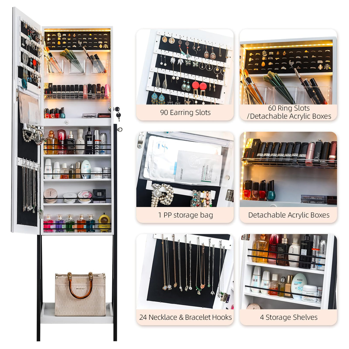 Bonnlo Jewelry Cabinet Full-Length Mirror, Lockable Jewelry Armoire with LED Light, Freestanding Jewelry Box, Large Capacity Organizer with Cosmetic Storage Shelves Bonnlo