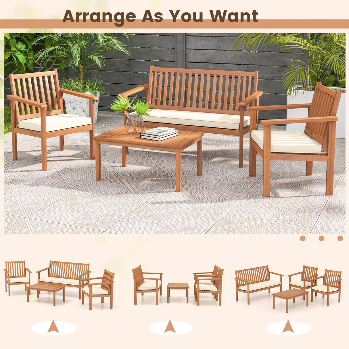 Tangkula 4 Piece Patio Wood Furniture Set, Acacia Wood Sofa Set w/Loveseat, 2 Chairs & Coffee Table, Soft Seat Cushions, Outdoor Wood Furniture Set for Porch, Yard, Balcony (Off White) Tangkula