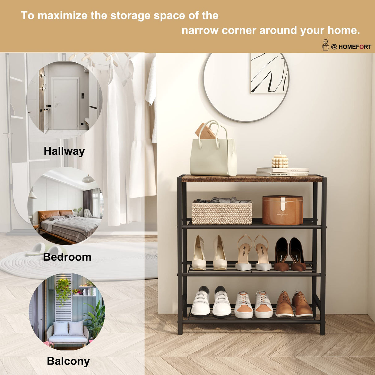 HOMEFORT 4-Tier Shoe Rack Organizer, Shoe Tower for Closet, Shoe Storage Shelf with MDF Top Board, Each Tier Fits 3 Pairs of Shoes, Entryway Shoes Organizer with Sturdy Metal Shelves, Rustic Brown HOMEFORT