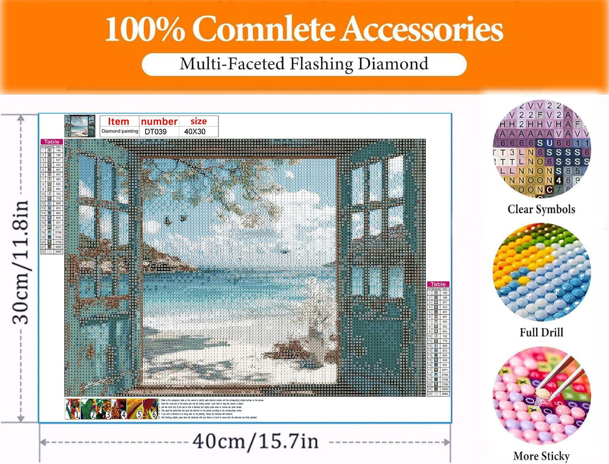 DAZZLEDOTS Diamond Art Kits for Adults, Window Beach Diamond Painting 5D Seaside Diamond Art Kits for Beginners DIY Full Drill Paint by Diamonds Dot Ocean Gem Art for Home Wall Decor 16 x 12 Inch DAZZLEDOTS