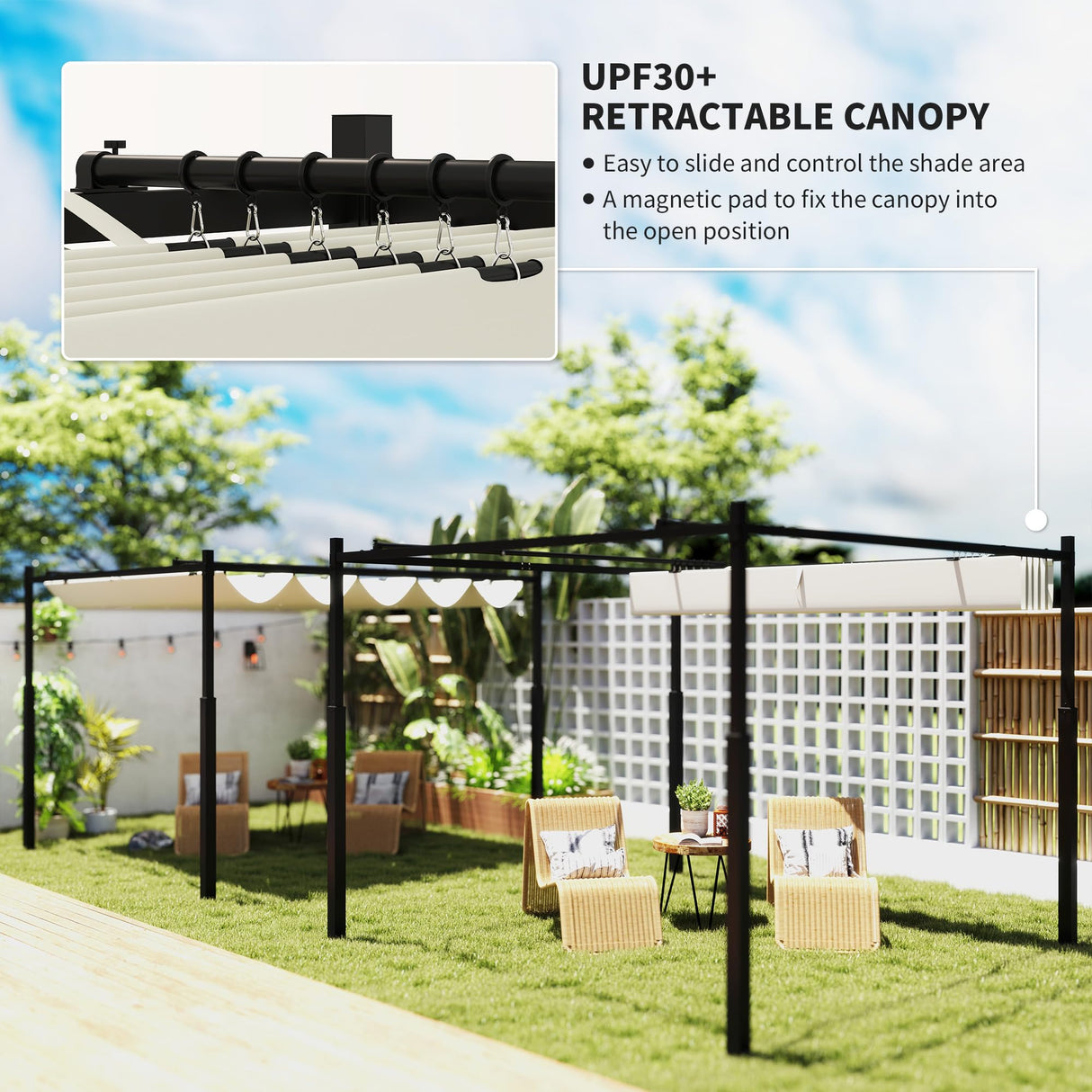 Outsunny 10' x 10' Retractable Pergola Canopy with Magnetic Fixture, UPF30+ Outdoor Patio Sun Shade Shelter, 3.1" Metal Column, for Patio, Garden, Backyard, Deck, Cream White Outsunny