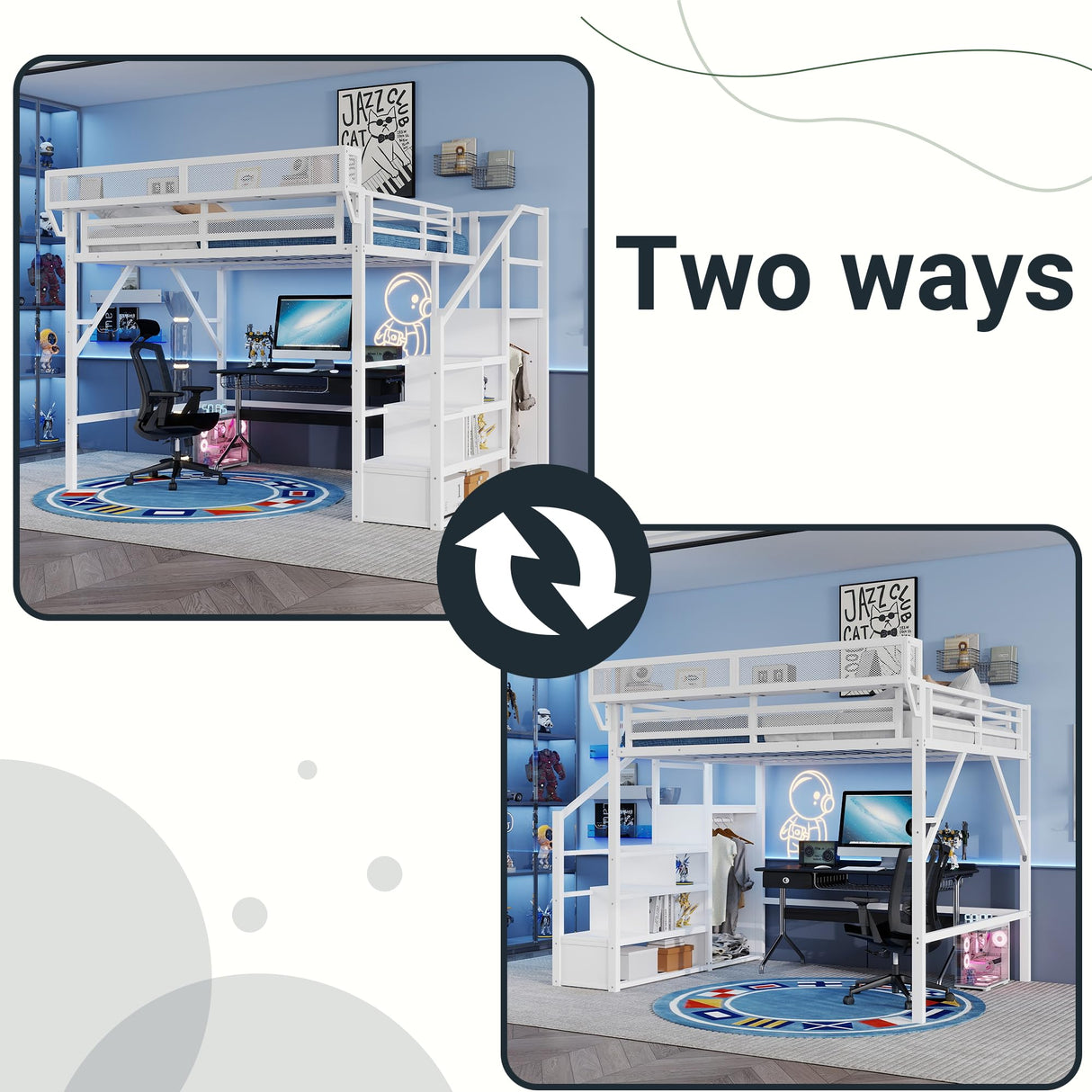 Duxelifin Queen Size Loft Bed with Staircase, Metal Loft Beds with Storage Shelves & Wardrobe, High Lofted Bed Frame, Loft Tall Bed for Boys Girls and Teens, No Box Spring Needed (White) Duxelifin