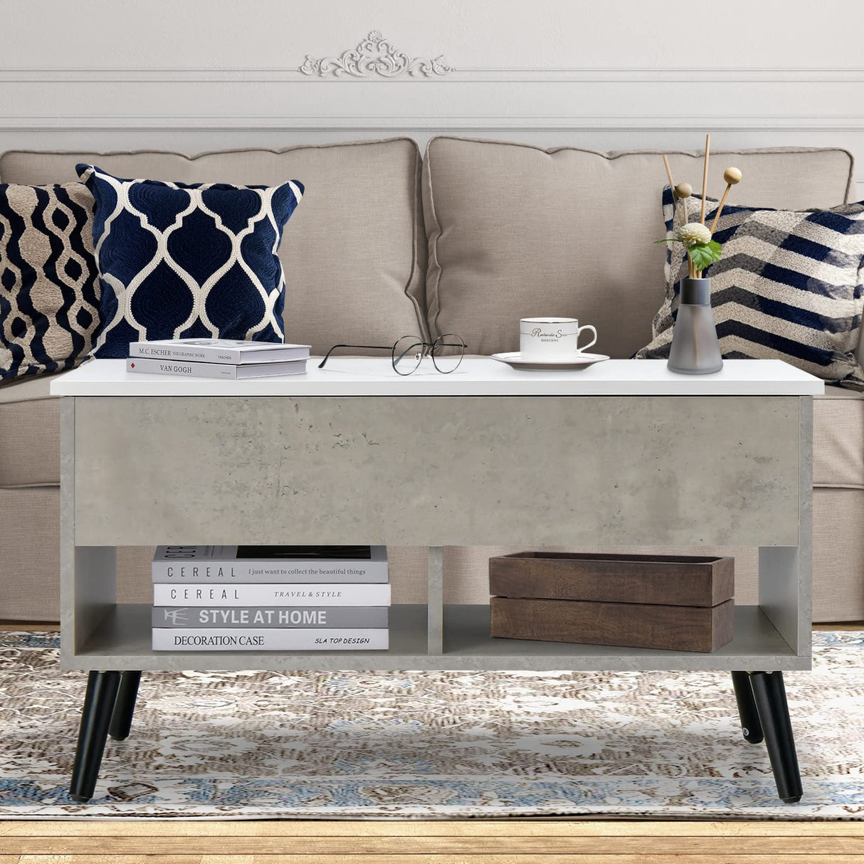 Giantex Lift Top Coffee Table, Modern Cocktail Table w/Hidden Compartment & 2 Open Shelves, Flip Top Center Table, Wooden Pull up Coffee Table for Living Room, Reception Room, Office (Grey) Giantex