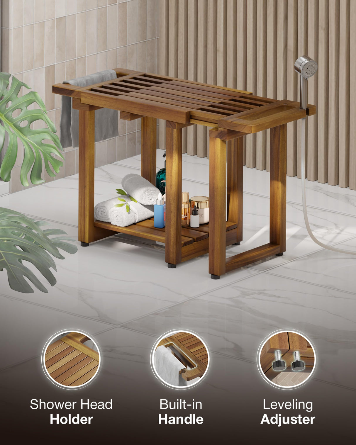 BLUEWEST Adjustable Shower Bench Stool for Inside Shower β 31.7'' Wood Bathroom Bench with Storage Shelf, Built-in Handle & Shower Head Holder, Waterproof Ideal for Sitting, Shelving Legs and Spa Use BLUEWEST