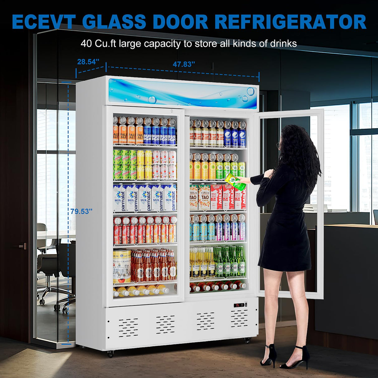 40 Cu.ft Commercial Beverage Refrigerators Glass Door Refrigerator Commercial with LED Light and 10 Shelves, Display Refrigerator for Restaurant Store Cafe Bar, ETL/NSF Approved, White ECEVT