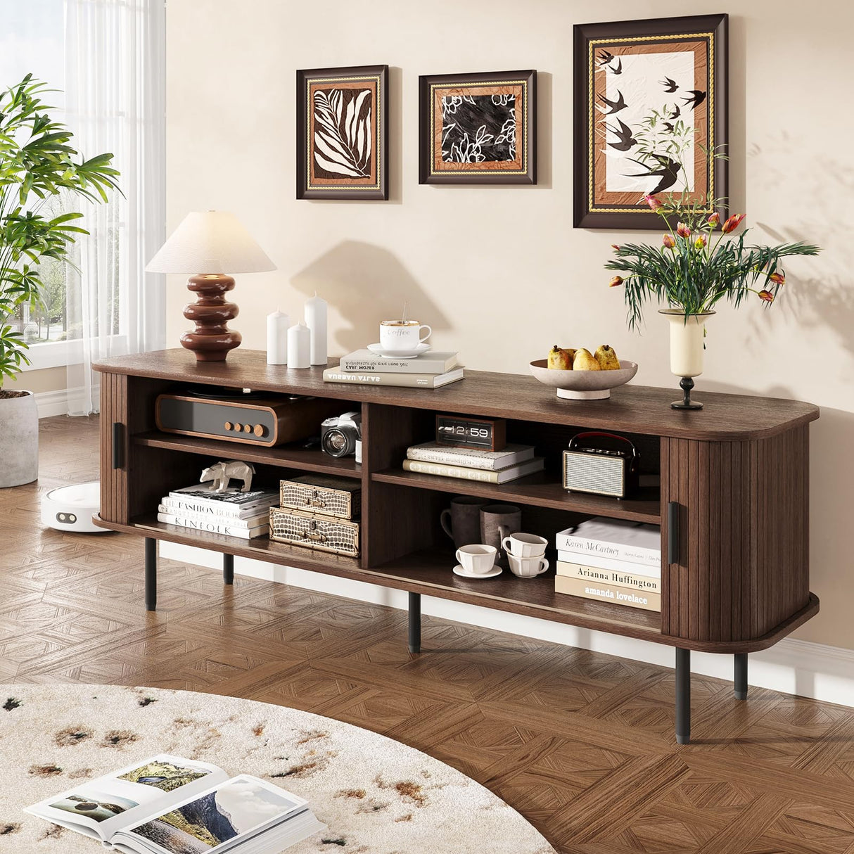 FiveWillowise 63" Mid Century Modern Fluted TV Stand for TVs up to 75 Inch, Gaming Entertainment Center with Tambour Slatted Sliding Doors, Media TV Consoles Table for Living Room, Walnut FiveWillowise
