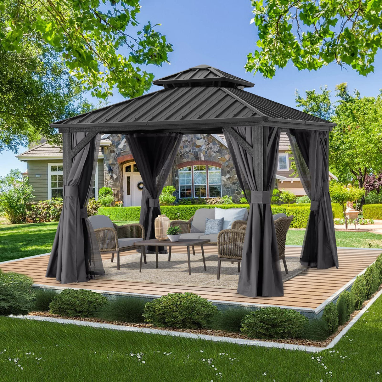 ABCCANOPY Hardtop Gazebo 8x8 - Outdoor Metal Hard Top Gazebo, Permanent Galvanized Steel Aluminum Framed Pavilion with Netting and Curtain for Patio Backyard Lawn Garden (Double Roof, Gray) ABCCANOPY