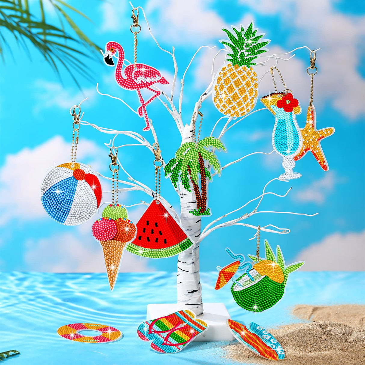 Thinkday 12 Pack Summer Diamond Painting Keychain Kits 5D Diamond Art Keychains DIY Painting Kit Summer Hanging Diamond Art Kits Diamond Art for Kids DIY Crafts (Summer) Thinkday