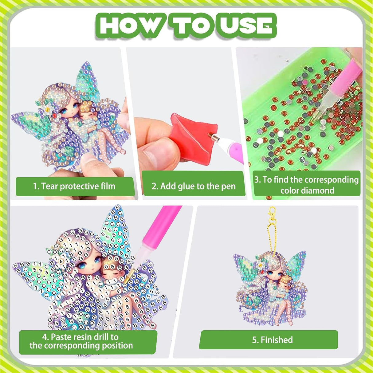 Masendp 8 Pieces 5D DIY Diamond Art Painting Keyring, Angel Fairy Double Sided Diamond Keychain, Mosaic Paste Painting Keychain, Diamond Art Pendant Jewelry Wallet Bag Decoration Masendp