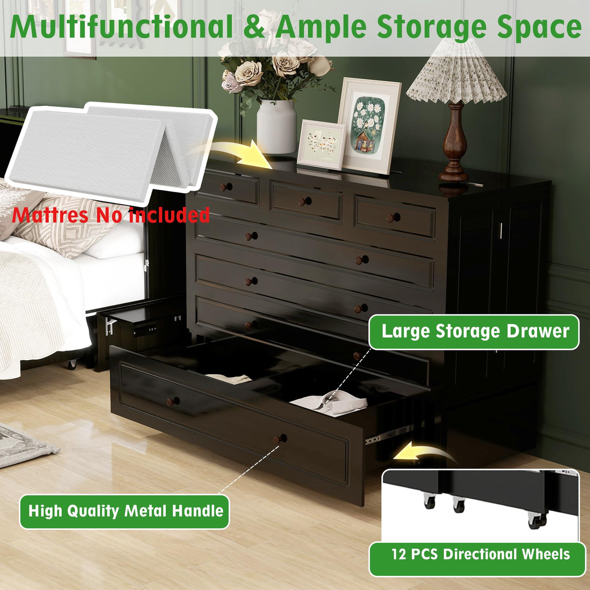 Keloyid Queen Murphy Bed Cabinet: Wood Murphy Cabinet Bed with USB Charging Station and Large Storage Drawer for Home Office or Small Room (Mattress No Included) Black-13 Keloyid