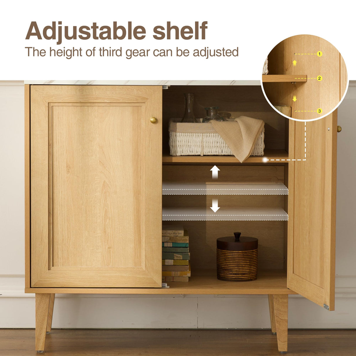 HoeuThien Oak Storage Cabinet Modern Freestanding Accent Cabinet Sideboard Buffet with Faux Marble Top & Adjustable Shelves Wooden Credenza for Dining Room, Living Room Entryway Natural HoeuThien