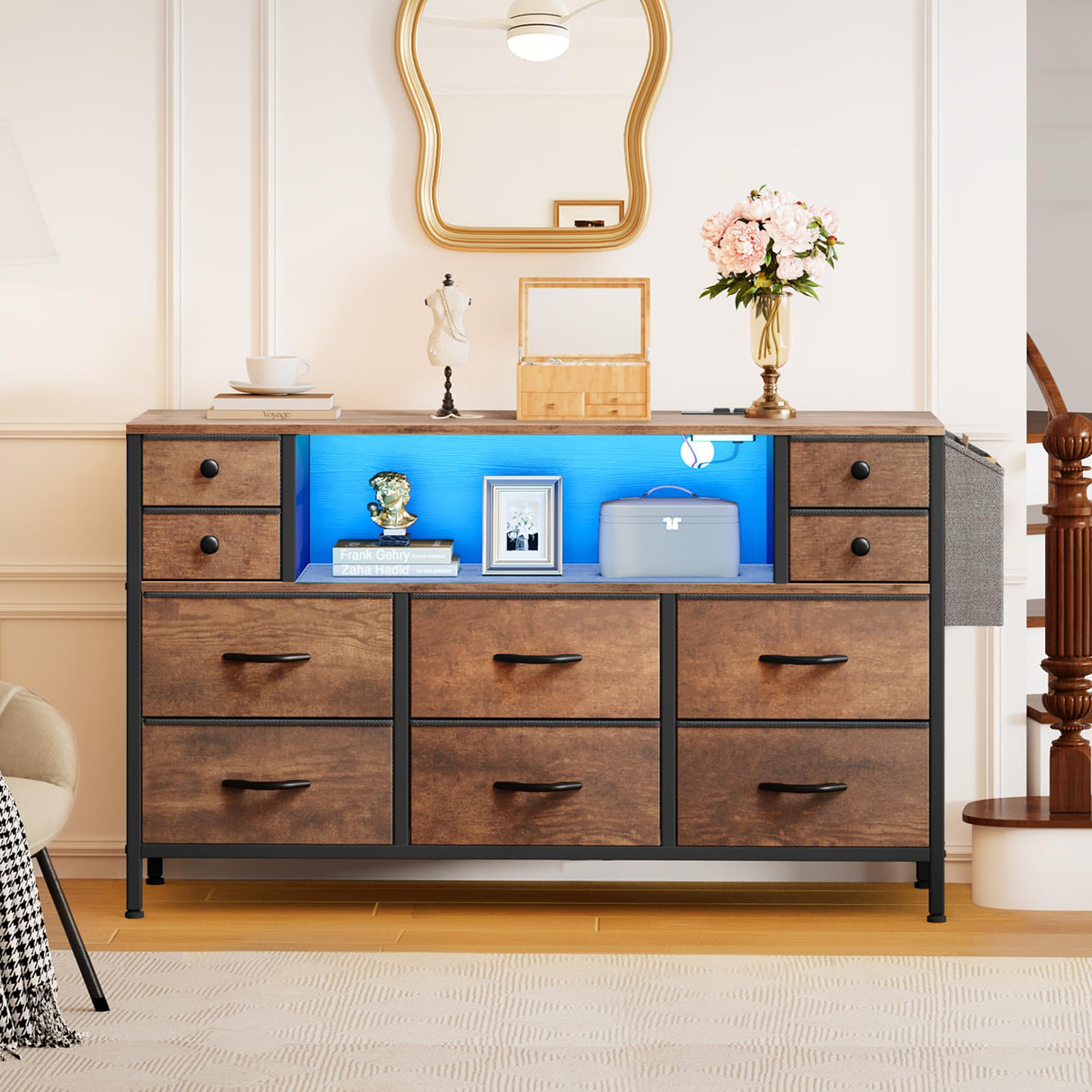 YITAHOME TV Stand with Charging Station, Dresser TV Stand for 55'' TV, 10 Drawer Dresser for Bedroom, Media TV Console Table with Side Pockets & Hooks, Storage Fabric Drawer Unit for Bedroom, Wood YITAHOME