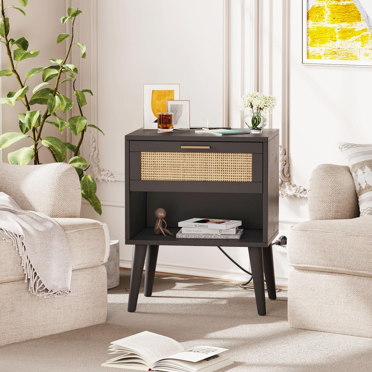 Irontar Nightstand Set of 2, Bedroom Night Stand with Charging Station & Rattan Drawer, Boho Style Bed Side Tables with Solid Legs, Accent End Table with Open Storage, Black and Natural BZZ007BME02 Irontar