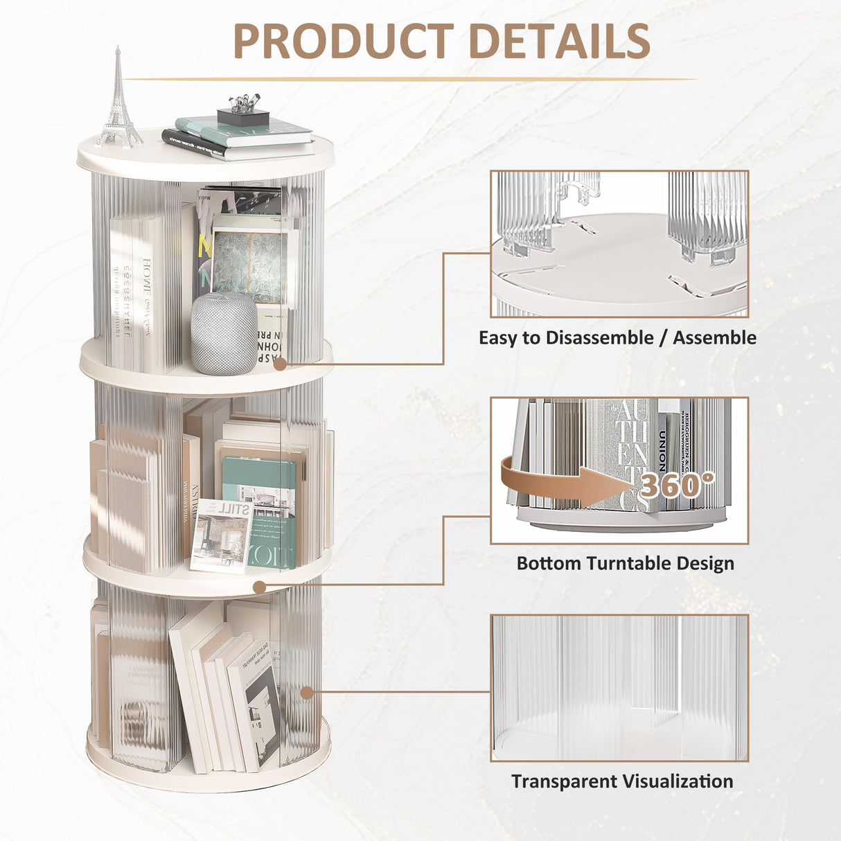 360° Rotating Bookshelf for Small Spaces, Display Rack, Modern Acrylic Corner Spinning Bookshelf with Turntable, 3 Tier Floor Standing Bookcase For Kids Adults, Book Organizer for Bedroom, Living Room Montary