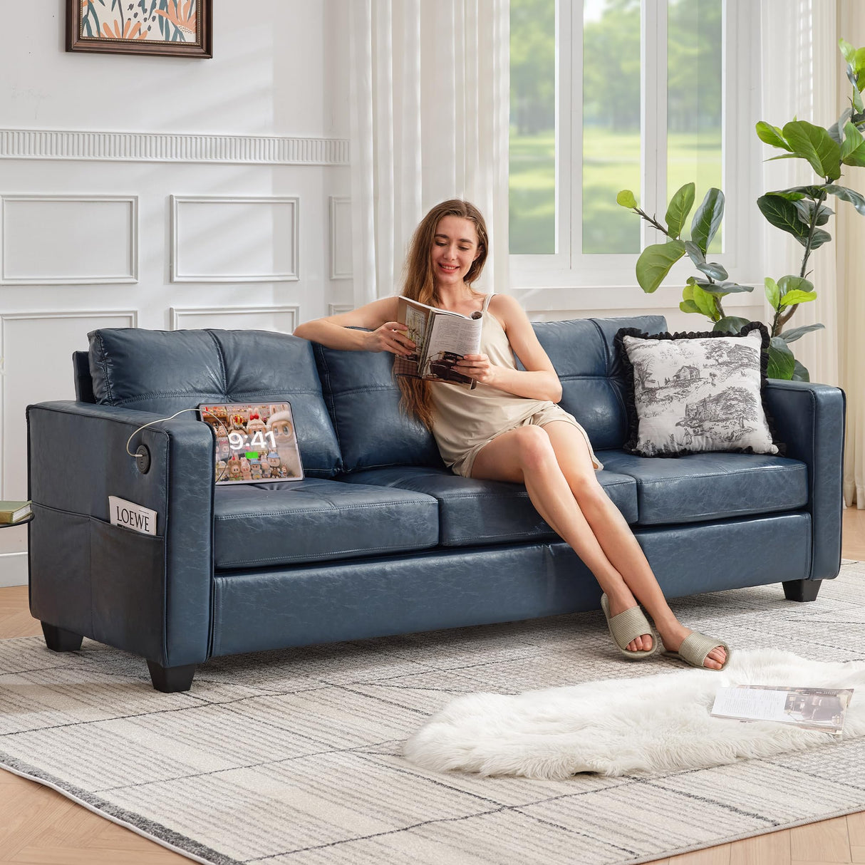 TYBOATLE 88" W Faux Leather Couch w/Side Pockets, Mid-Century Modern Tufted Comfy Leather Couches w/USB and Wider Arms, 3 Seater Sofa for Office, Apartment, Bedroom, Blue (Blue, 3 Seater) TYBOATLE