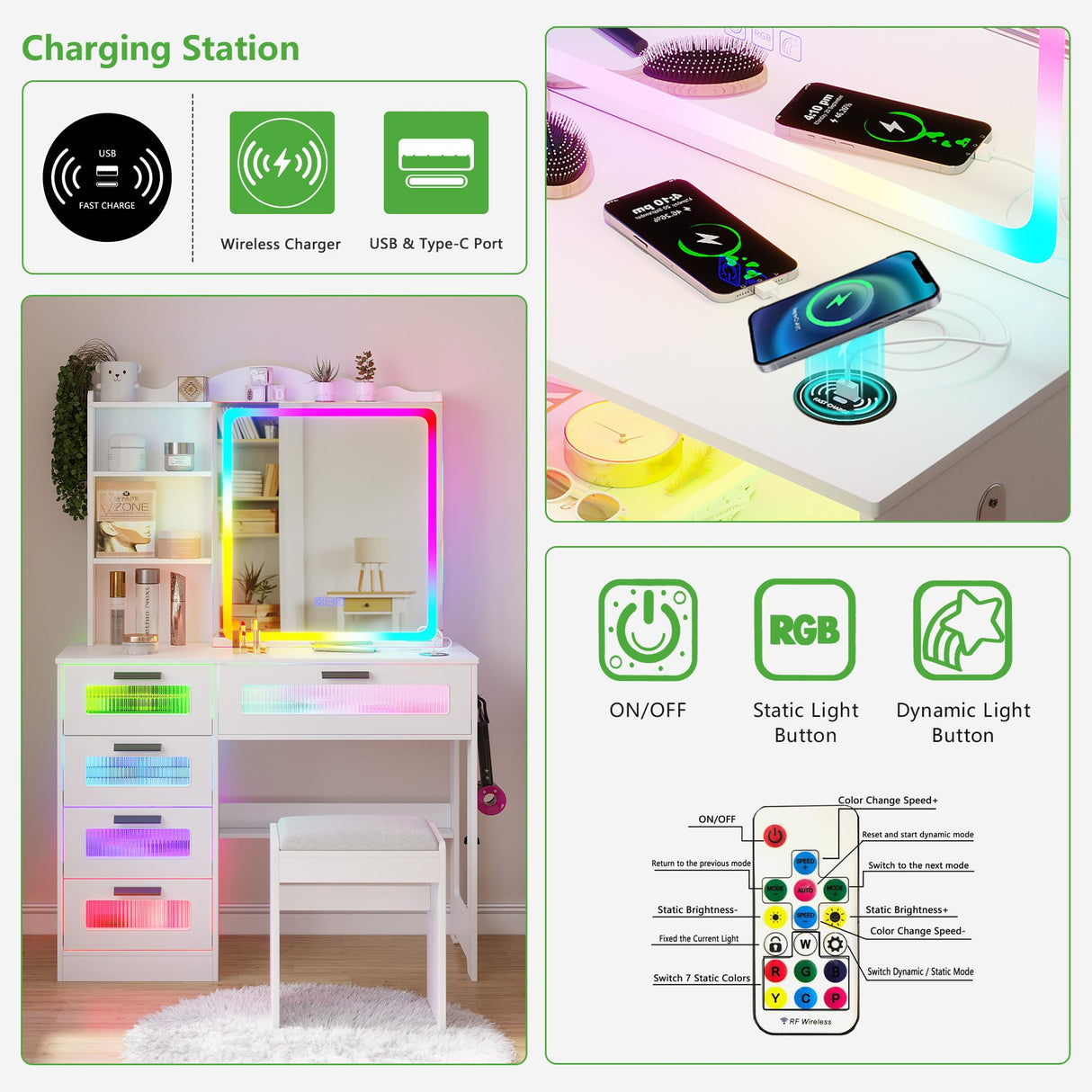 HNEBC Vanity Desk with Sliding Mirror and LED Lights, RGB Vanitys with Charging Station, Makeup Vanity with Remote Control, White Dresser with Stool/Lager Drawers for Bedroom (White) HNEBC