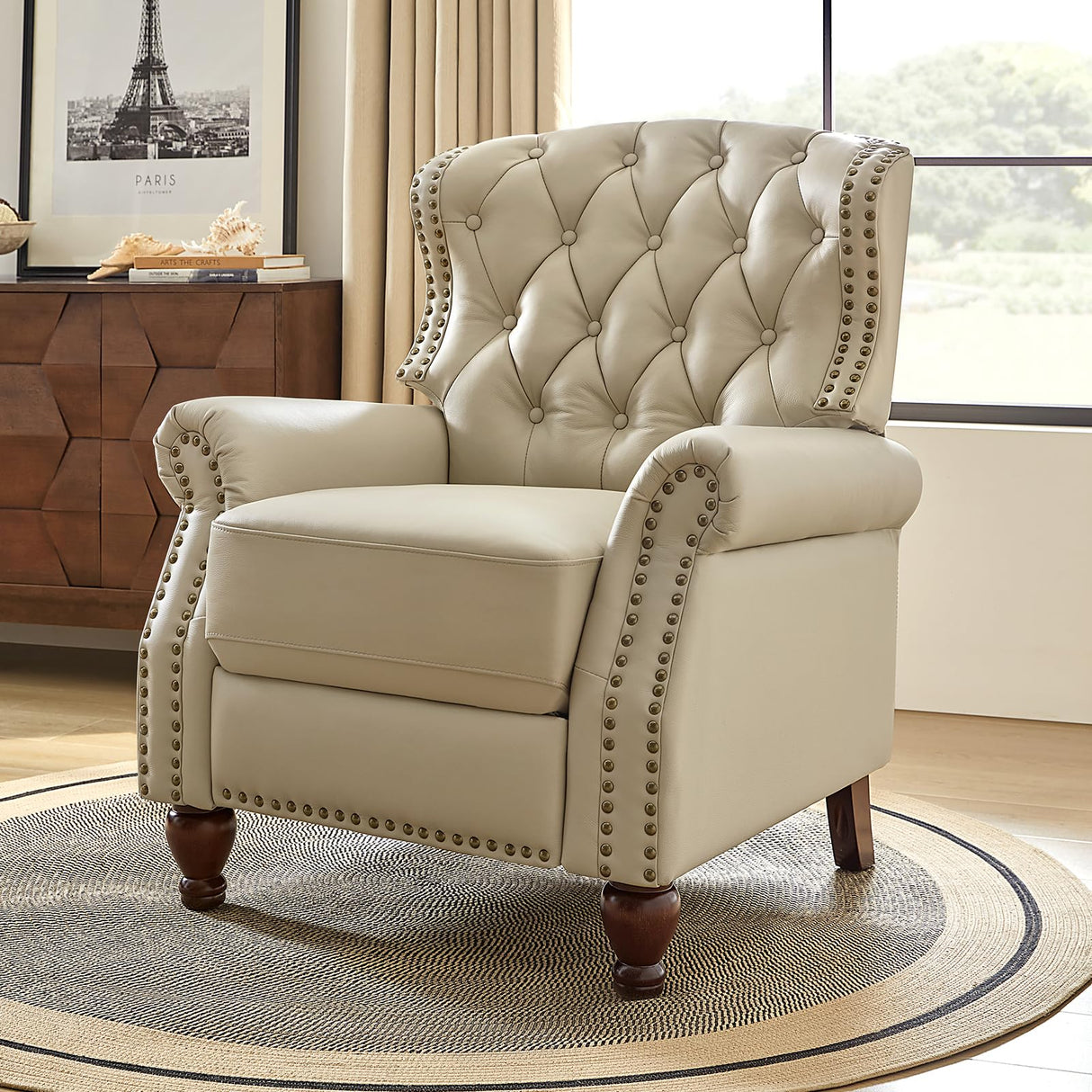 HULALA HOME Genuine Leather Recliner Chair with Solid Wood Feet, Modern Adjustable Tufted Push Back Arm Chair w/Rivet Decoration, Home Theater Seating Single Reclining Sofa for Living Room, Beige HULALA HOME