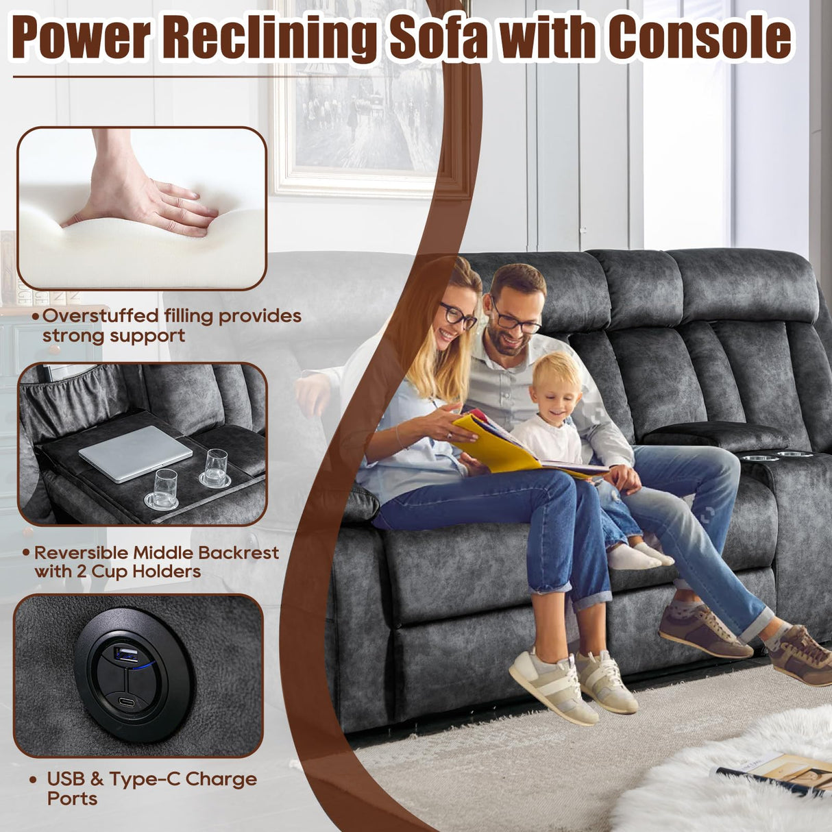 GUEAPY 3 Seater Recliner Sofa Reclining Loveseat with Console Power Reclining Sofa with Heat and Massage, Cup Holders, USB & Type-C Charge Ports for Living Room (Grey) GUEAPY