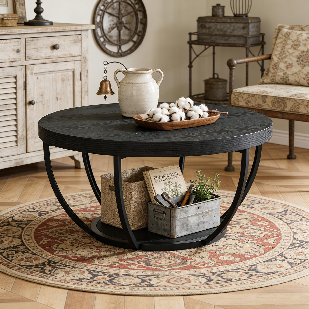 Tribesigns Round Coffee Table, Farmhouse 32" Circle Coffee Table for Living Room, Modern 2-Tier Wood Accent Center Table with Storage Open Shelves, Black Tribesigns