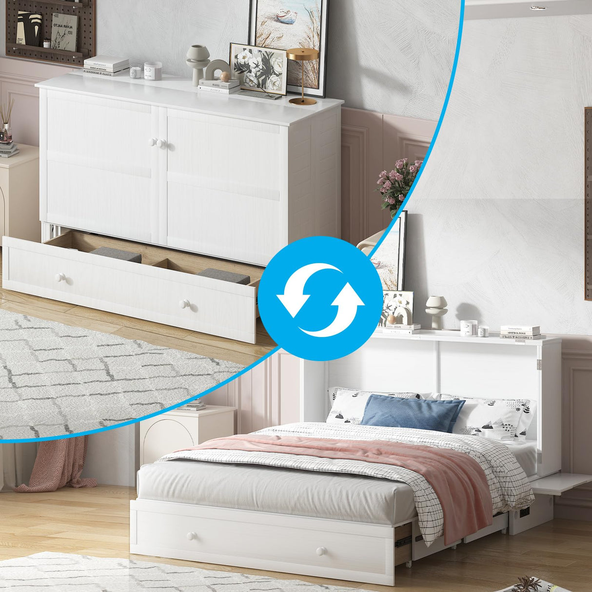 Mjkone Murphy Bed Queen Cabinet Bed with Tri-fold Mattress and Built-in USB Charging & 2 Drawers & Bedside Panel, Hidden Guest Beds, Murphy Cube Chest Cabinet Beds for Bedroom/Apartment - White Mjkone