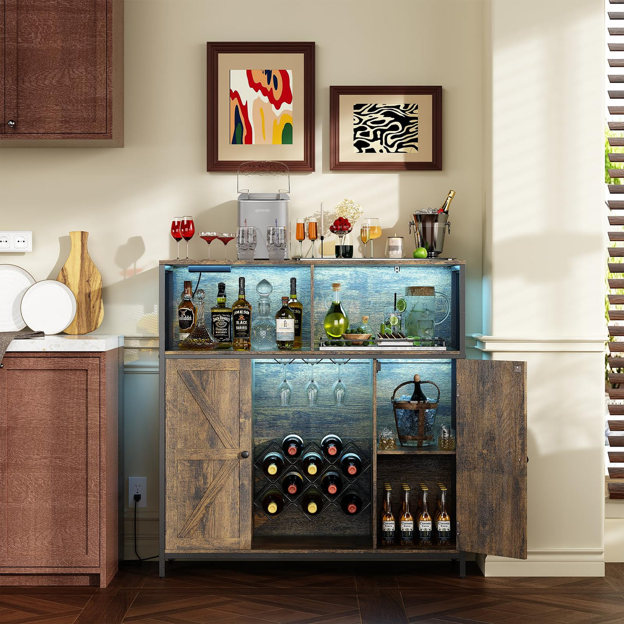 Redlife Wine Bar Cabinet with Power Outlets, Liquor Cabinet with LED Lights and Glass Holder, Industrial Storage Buffet Cabinet Coffee Bar Cabinet, Liquor Cabinet Bar Home, Bar Cabinet with Lights Redlifeᅟᅠ