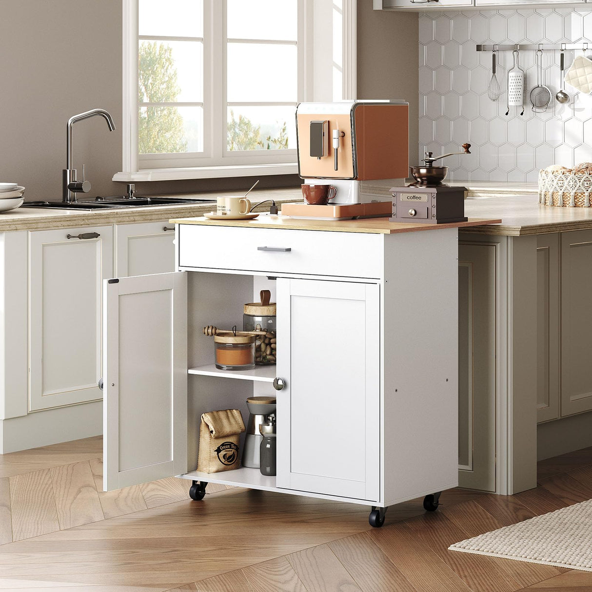 CHOEZON Kitchen Island Cart with Storage, Kitchen Island Table with Charging Station, Kitchen Island on Wheels, Kitchen Table with Cabinet, Expandable Tabletop, White and Natural MZD01UWNN1 CHOEZON