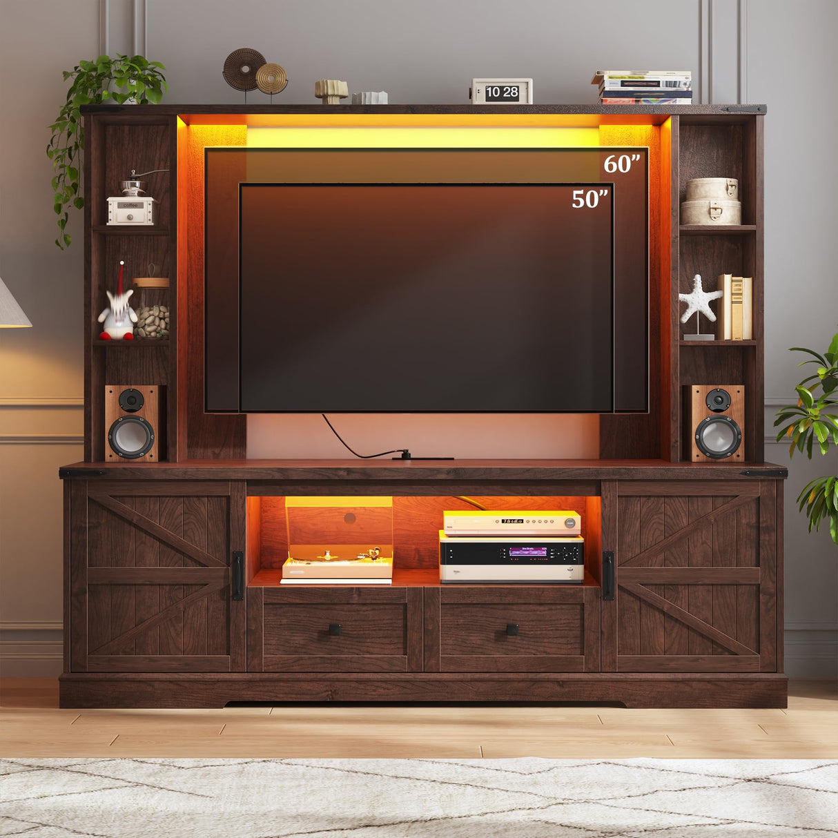 Entertainment Center with 2 LED Lights & Power Outlets, Large Farmhouse Wall Unit Entertainment Center for 60 Inch Television Stand, TV Stands for Living Room with Storage Shelf, Brown EnHomee