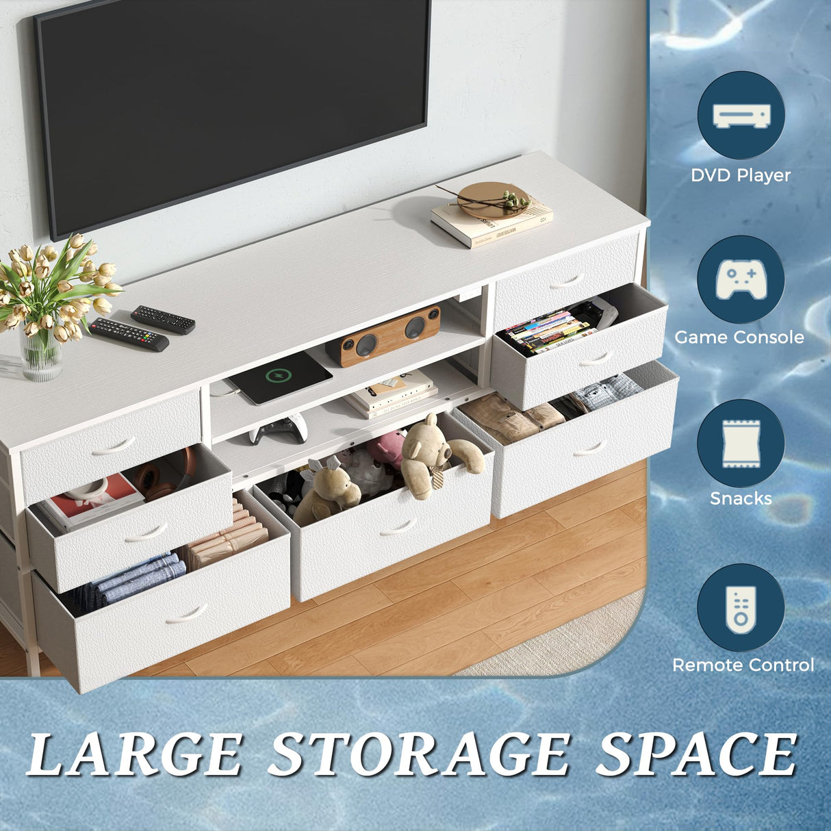 Huuger Dresser for Bedroom With Power Outlets and LED Lights, 7 Drawers TV Stand for 60 Inch TV, Console With Open Shelf, 55 Inches Wide White, PU Leather Huuger