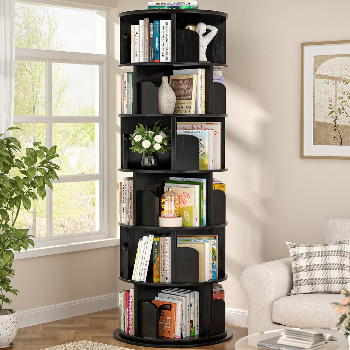 Aheaplus 6 Tier Rotating Bookshelf, Wood Spinning Bookshelf Tower, Round Revolving 360 Bookcase, Narrow Turning Book Shelf Rolling Corner Organizer for Small Space, Bedroom, Office, Black Aheaplus