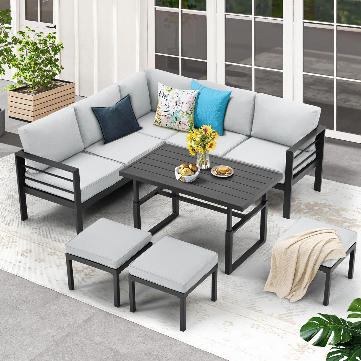 AECOJOY Aluminum Patio Furniture Set, Modern Metal Outdoor Patio Furniture Clearance, Outdoor Conversation Table and Chair Sets for Lawn, Backyard, and Deck with Light Grey Cushions AECOJOY