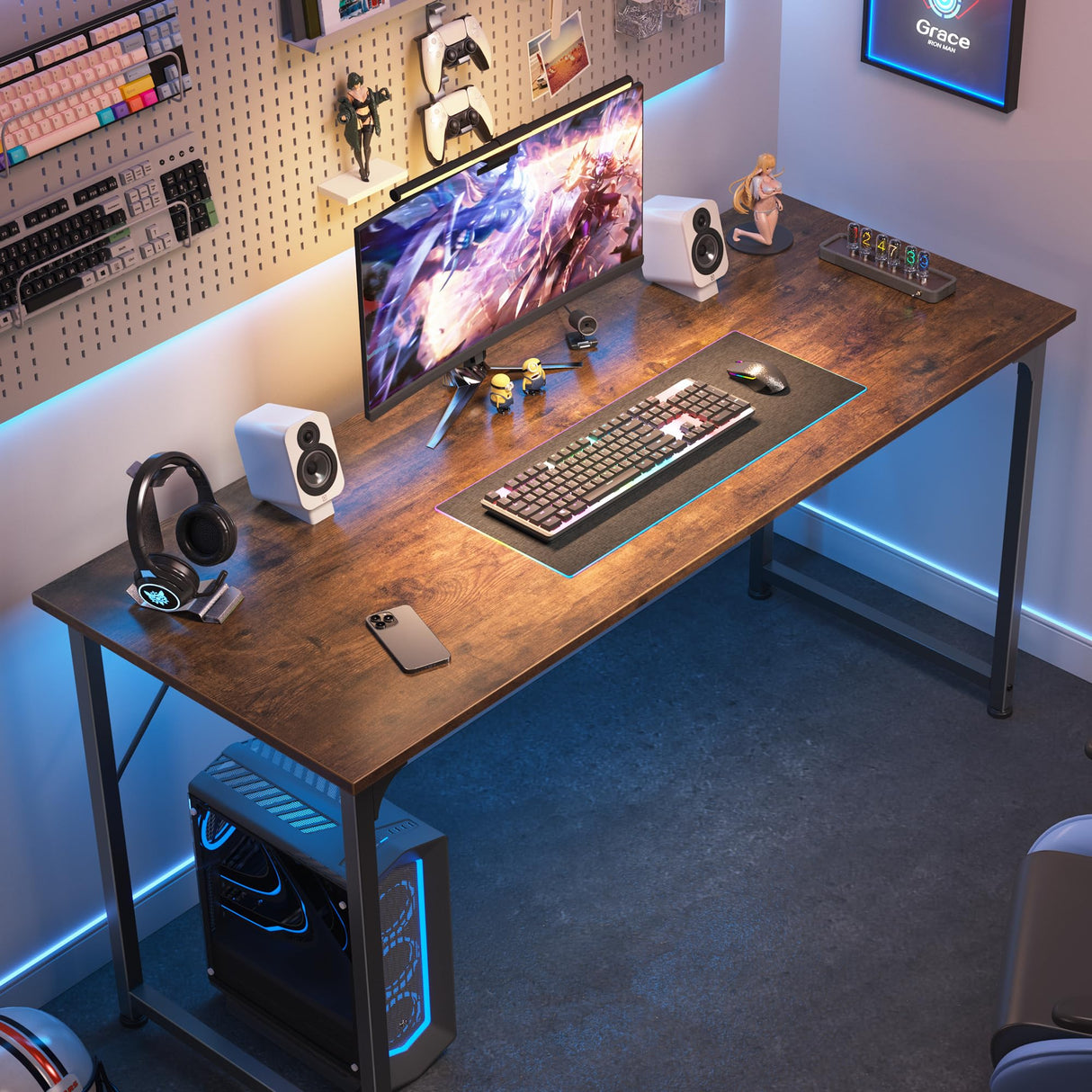 Huuger Computer Desk, 55 Inch Office Desk, Gaming Desk with Storage, Writing Desk Work Desk for Home Office, Study, Modern Simple Desk, Large Legroom, Metal Frame, Rustic Brown Huuger