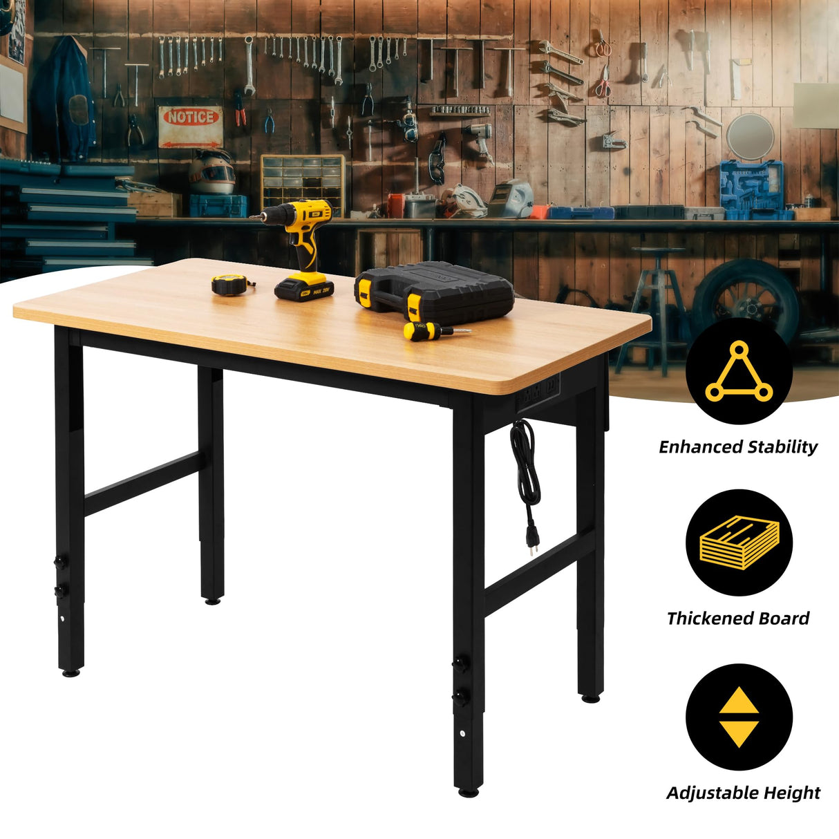 48" Adjustable Workbench with Power Outlets, Work Table for Garage, 2000 LBS Capacity Hardwood Work Bench, Heavy Duty Table for Workshop, Office, Garage, Home spanspace