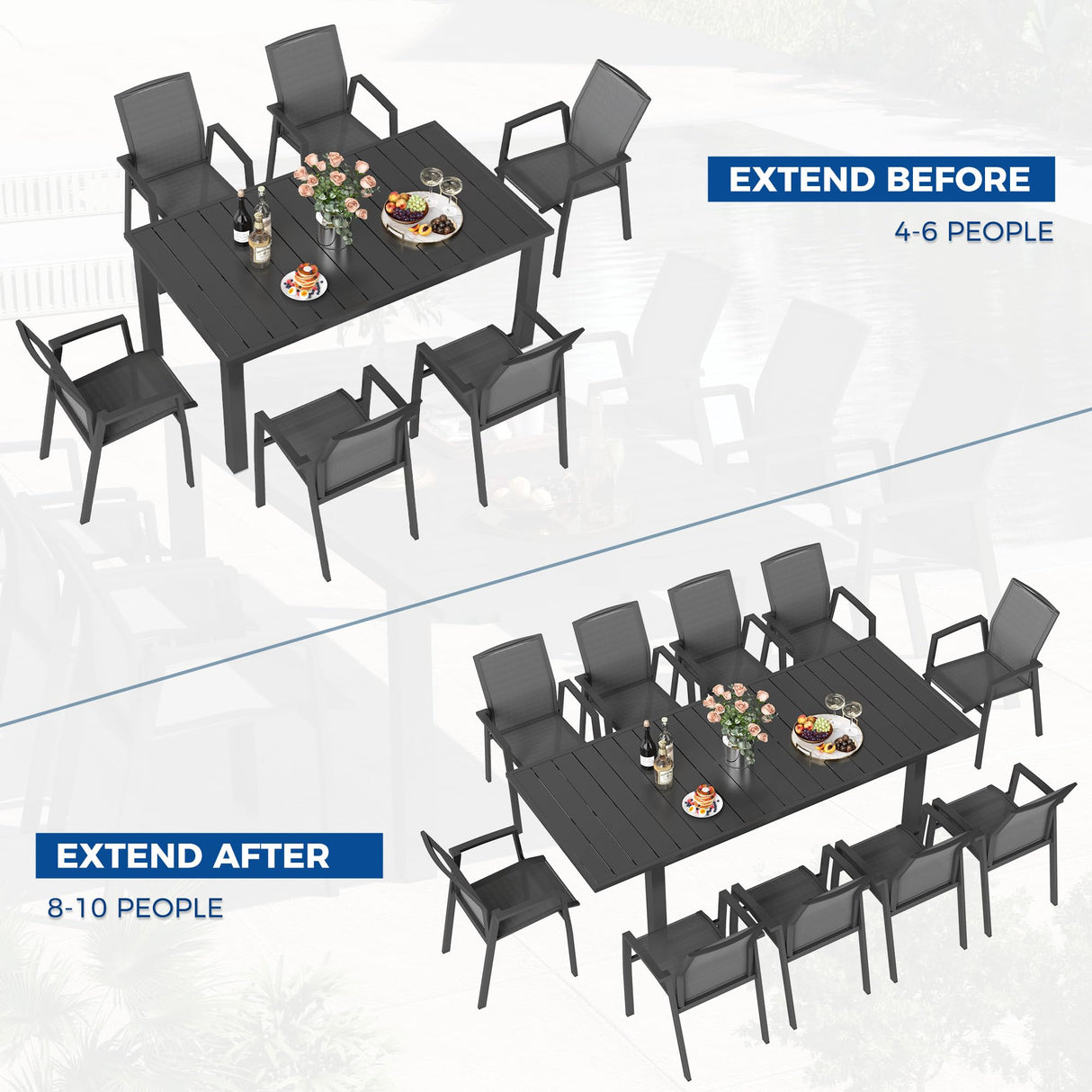 11 Piece Aluminum Outdoor Patio Dining Sets with Fully Assembled Dining Chair,91.3"L×39.4"W Expandable Patio Table and Chairs Set for 10, Stackable Chairs with Quick Drying Fabric, Grey Wisteria Lane