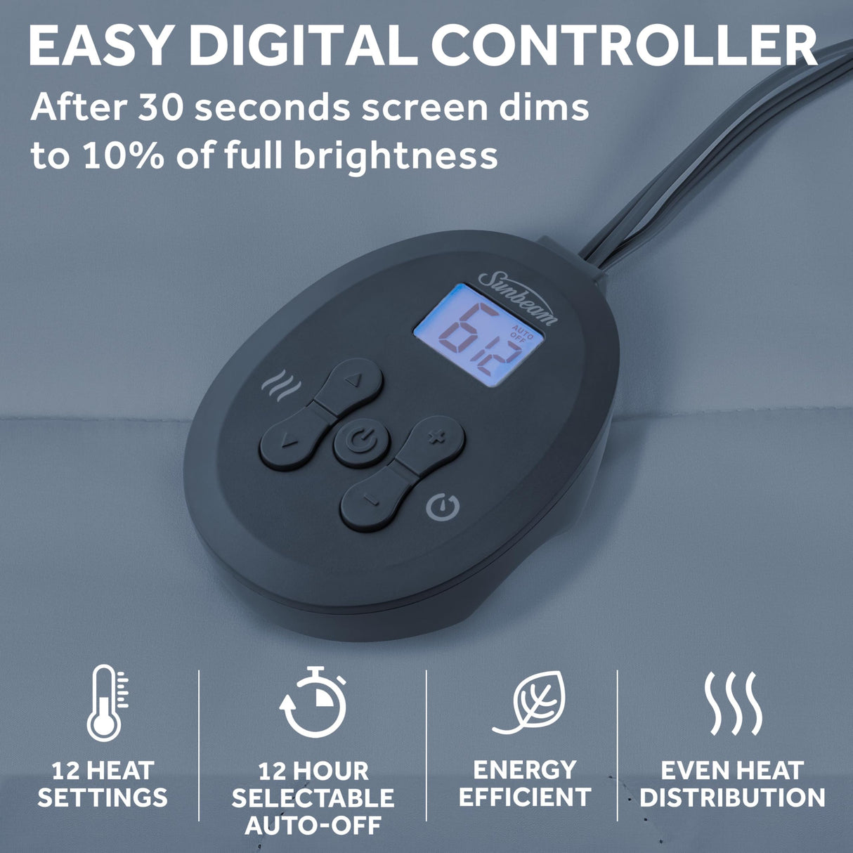 Sunbeam Restful Quilted Electric Heated Mattress Pad King Size, 76" x 80", Upgraded Memory Controller with 12 Heat Settings, 12-Hour Selectable Auto Shut-Off, Fast Heating, Machine Washable Sunbeam