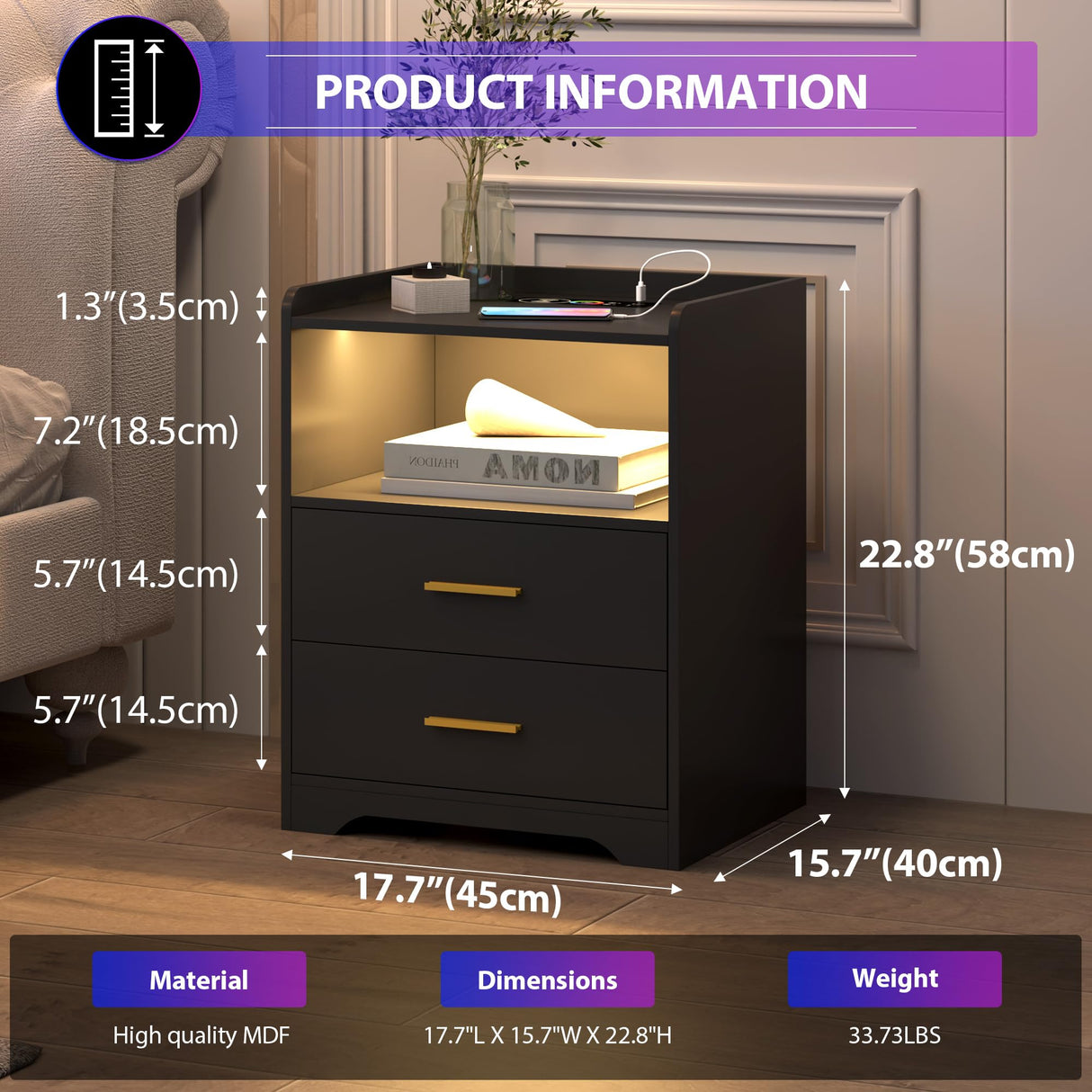 dnbss Black LED Nightstand with Charging Station, Night Stands with 24-Color RGB LED Lights, Smart Lighted Nightstand Black Bedside Table with Drawers, Modern Nightstand Bedroom dnbss