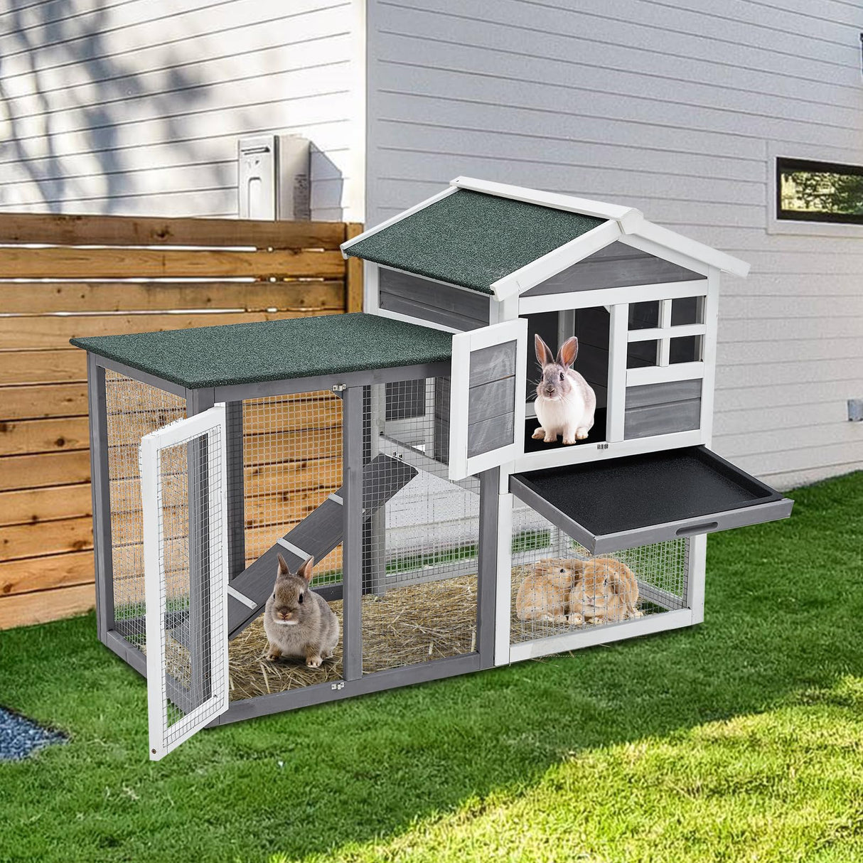48" Wooden Rabbit Hutch Indoor Waterproof, Chicken Coop, 2 Lockable Doors Bunny Cage Indoor with Weather-Resistant Small House & Open Courtyard, Rabbit Cage Indoor with Wire Fence and Cleaning Tray TROPOW