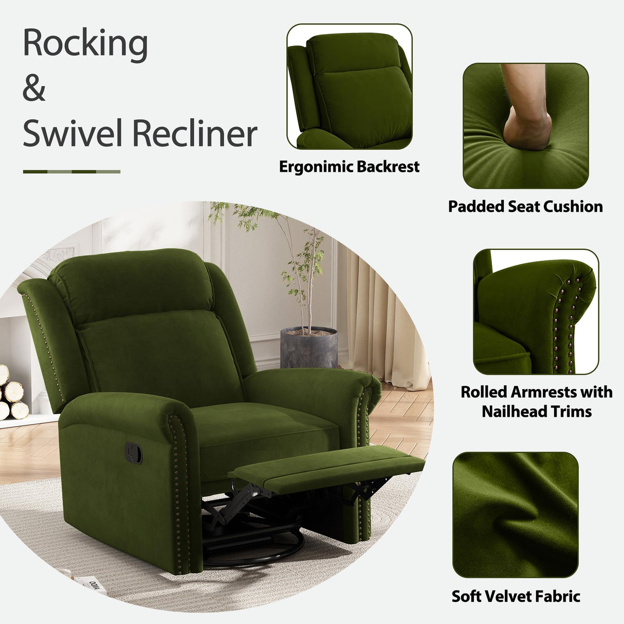 360° Swivel Recliner Chair with Adjustable Backrest, Manual Rocking Recliner Home Theater Manual Recliner Chair with Metal Base and Velvet Fabric for Living Room (Green, 2) JIVOIT
