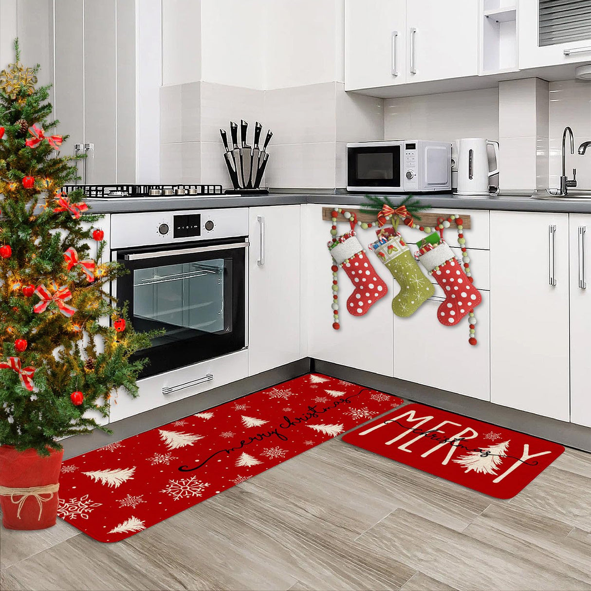 Eikunn Red Christmas Kitchen Rugs Set of 2 Xmas Trees Snowflake Kitchen Mat for Floor Winter Holiday Non-Slip Kitchen Sink Mats Kitchen Decor Doormat+Runner Rug Eikunn