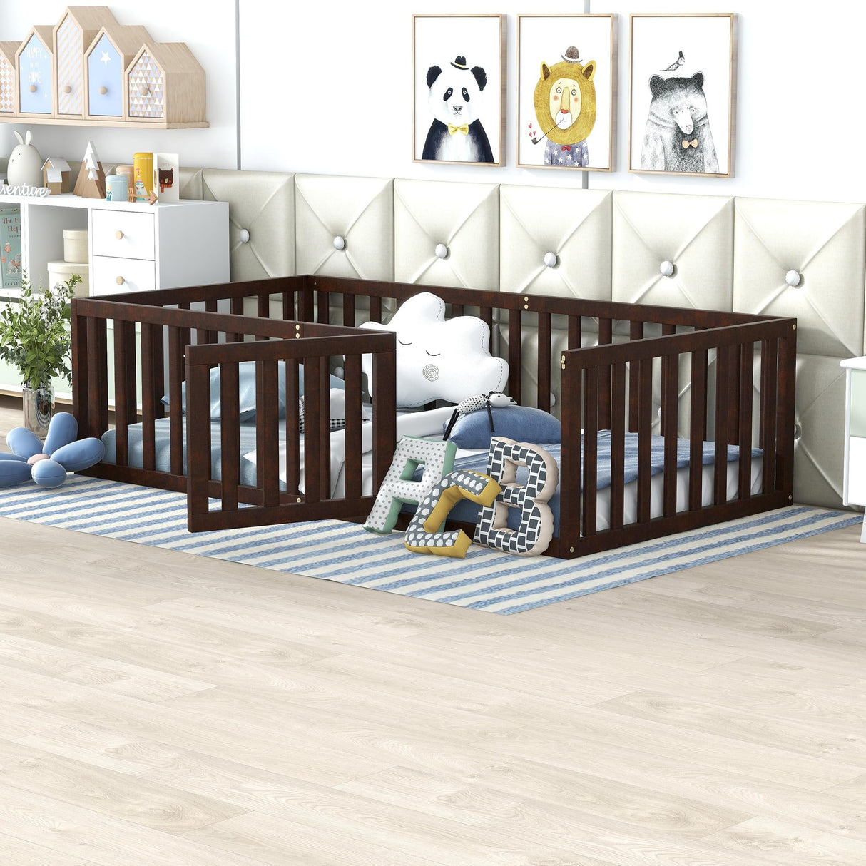 Harper & Bright Designs Twin Walnut Montessori Floor Bed with Fenced Design and Door for Kids Harper & Bright Designs