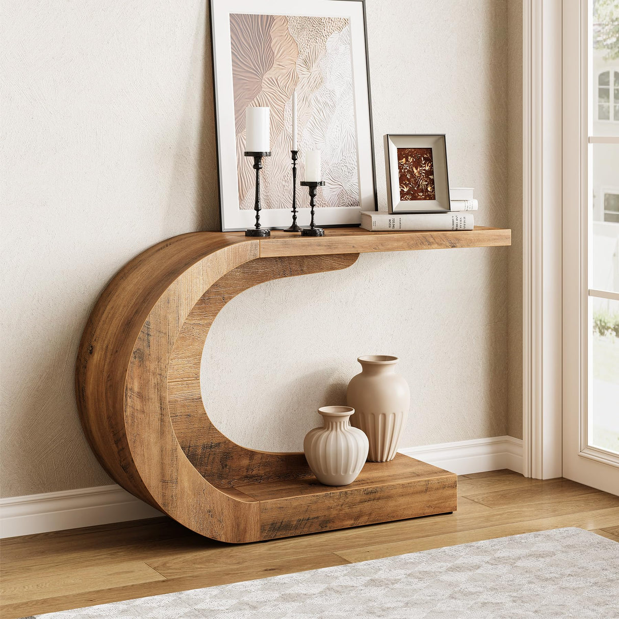 LITTLE TREE 43.3 Inches Farmhouse Console Table, 2-Tier C-Shaped Sofa Table Behind The Couch, Wooden Entryway Table Narrow Hallway Foyer Table for Living Room, Entrance, Brown LITTLE TREE