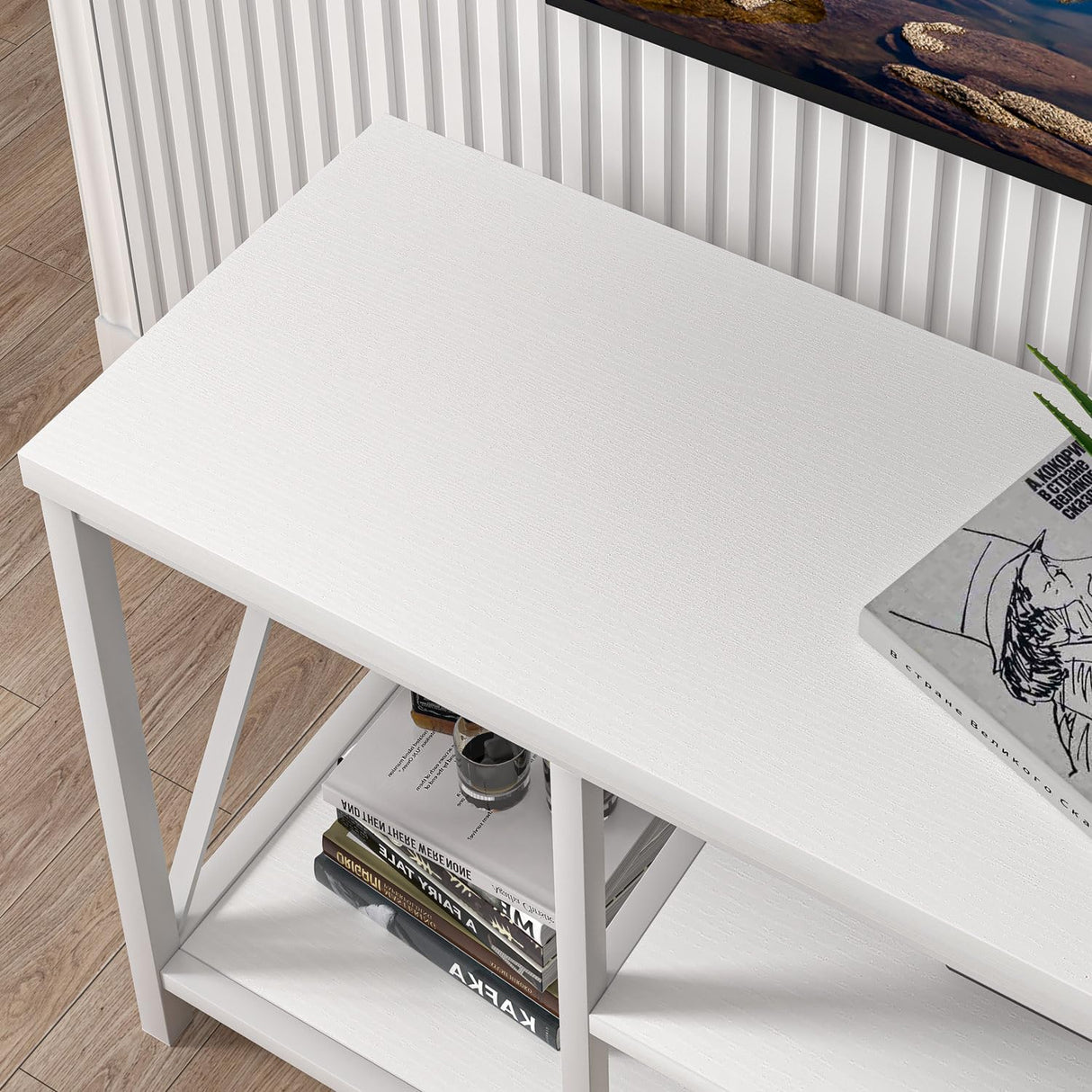 EXCEFUR 55 inch TV Stand for TV up to 65 inch, Modern Media TV Console with Storage Shelves, Entertainment Center for Living Room, Bedroom, White Oak EXCEFUR