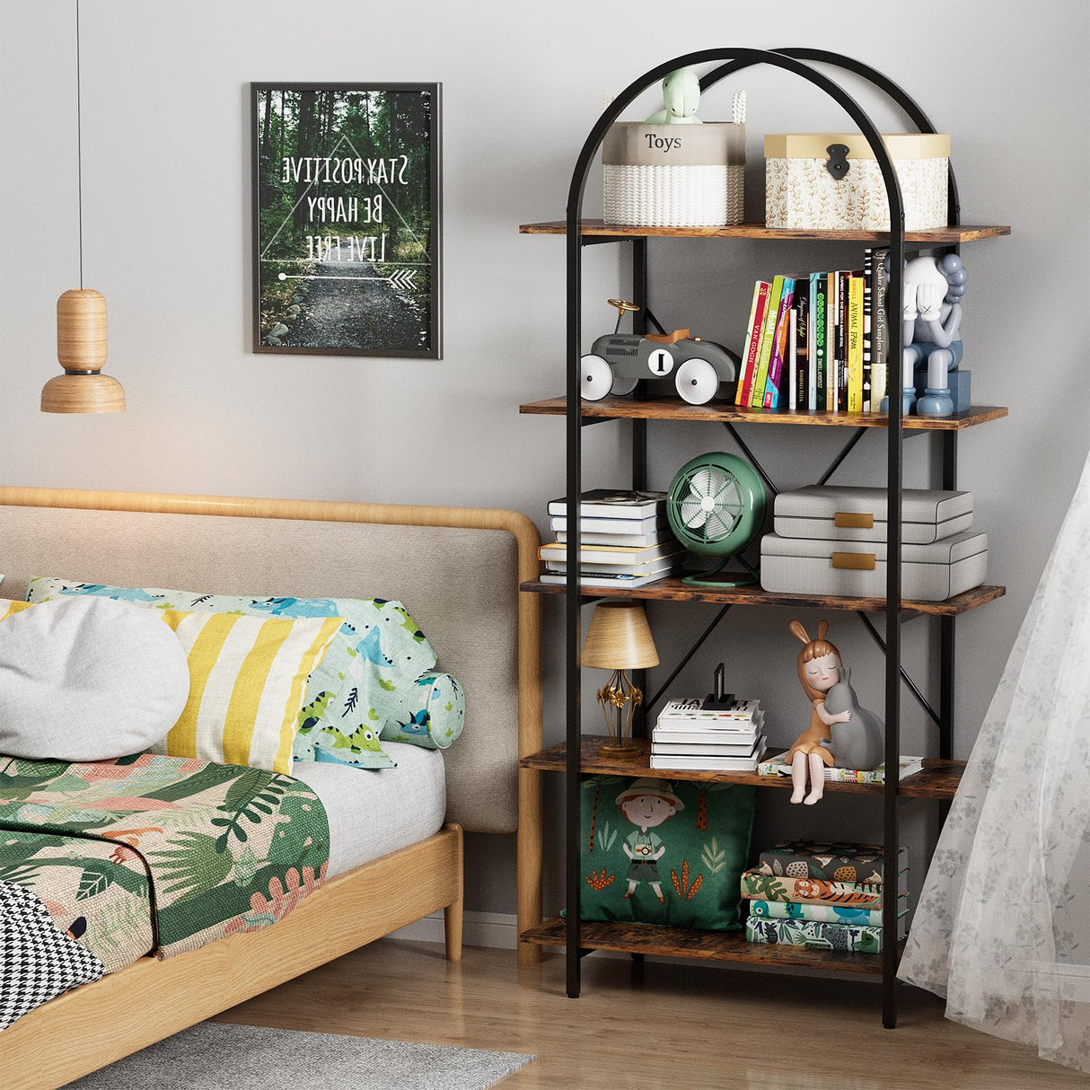 Arbuxzuy Arched Bookshelf 5 Tier Book Shelf, 31.5 Inch Width Industrial Arch Bookcase, Curved Tall Bookshelf with Open Shelves for Home Office, Living Room, Bedroom, Rustic Brown Arbuxzuy