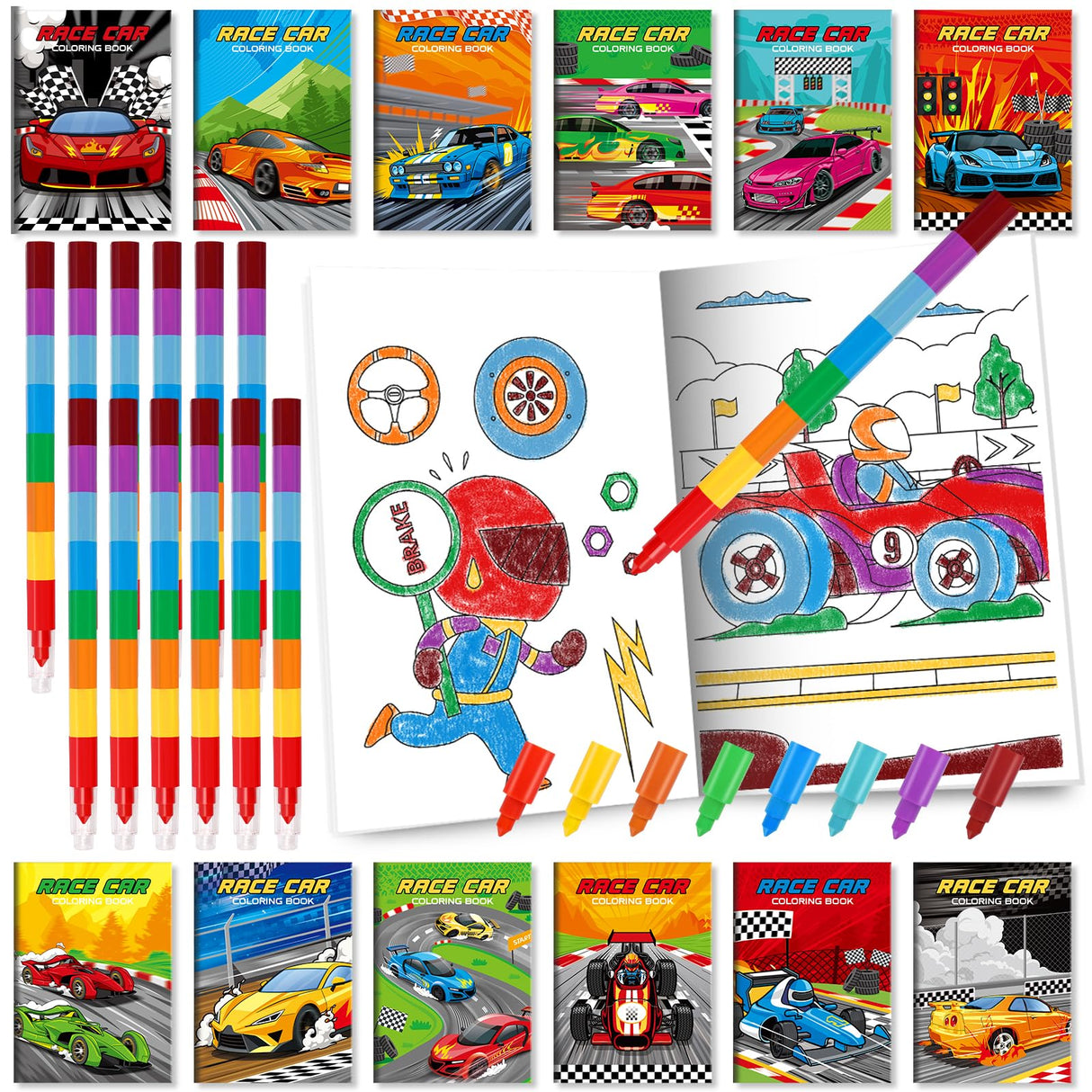 BenLouis 24 Race Car Mini Coloring Books Kids with 24 Stacking Crayons Racing Theme Party Favors Activity Books Bulk for Kids Fast Racecar Wheel Birthday Goodie Bag Gift Stuffer Classroom Reward BenLouis