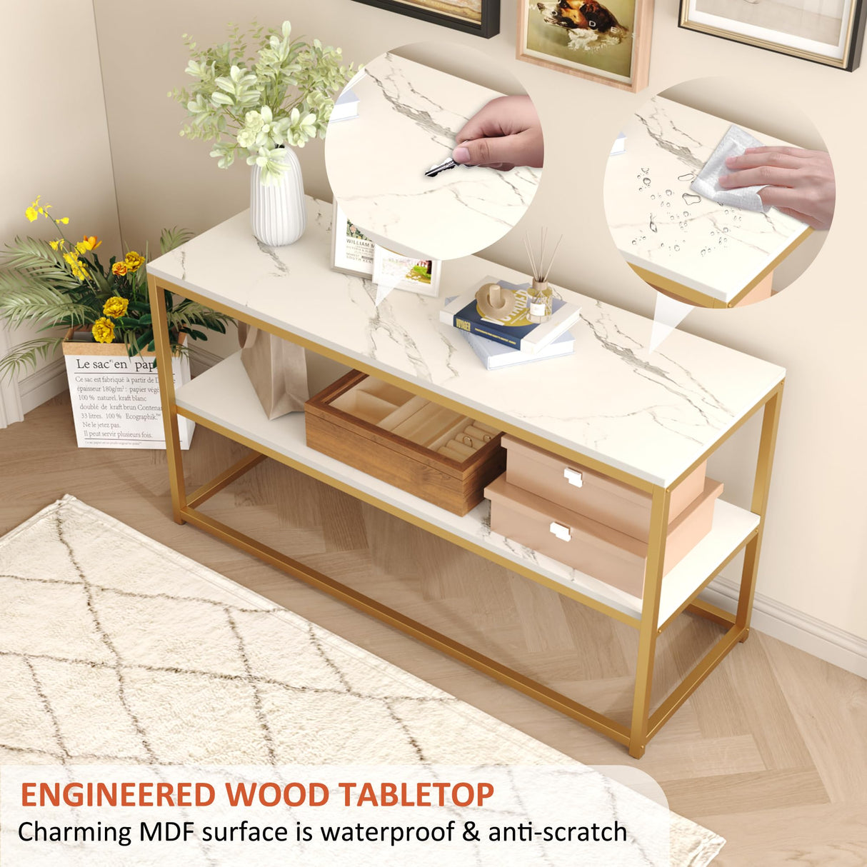 Function Home TV Stand for TVs up to 50 Inch, 3 Tier Entertainment Center, Modern TV Cabinet with Marble Top and Gold Metal Base, 42" Media Console Table with Storage for Living Room Bedroom Function Home